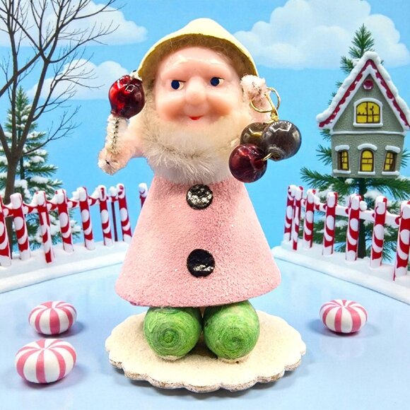 Vintage 1950s Putz Elf Ornament Japan • Pink Mica Glitter Coat • Green Flocked H - Picture 1 of 8